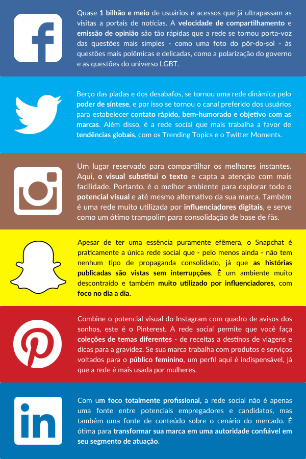 Painel descritivo com as características de cada rede social: Facebook, Twitter, Instagram, Snapchat, Pinterest e LinkedIn